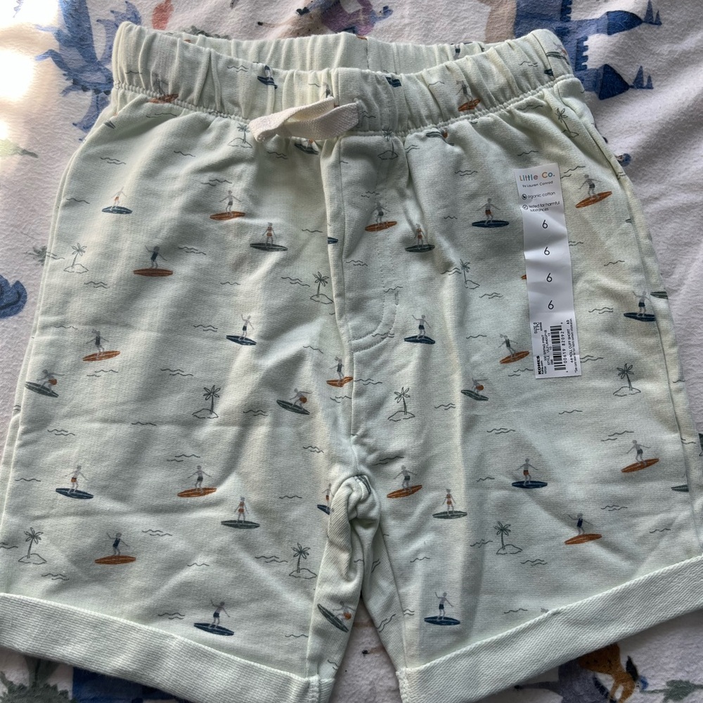 Mint Green Kids Organic Shorts with Surfboard Print